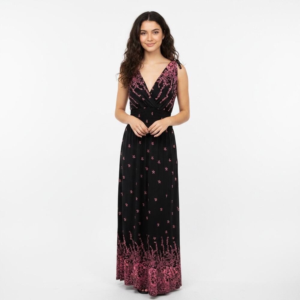 NWT Seven Islands Black Pink Floral Maxi Dress Large Boho V Neck Smocked Fall